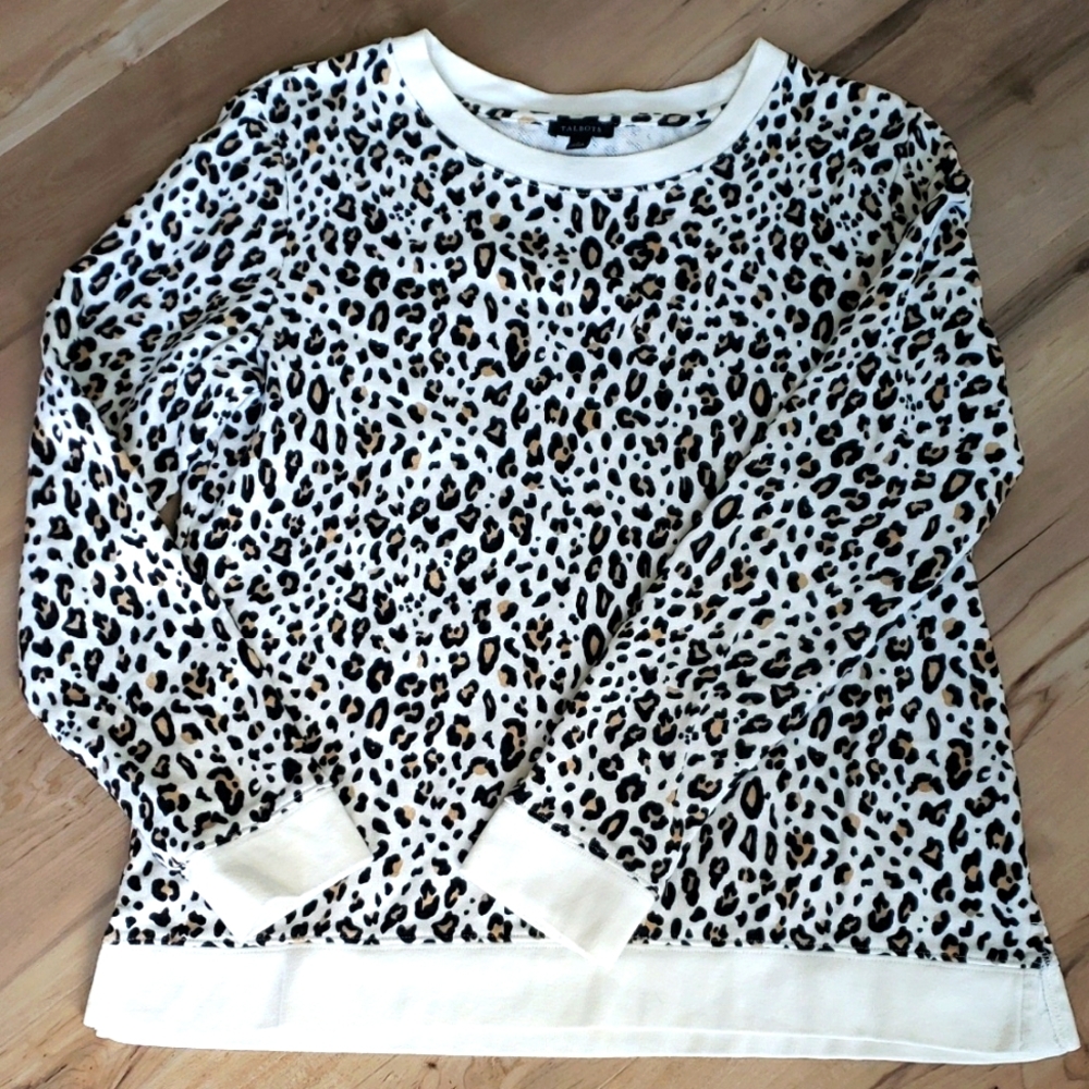 Talbots Black Cream Tan Animal Print Crewneck Sweatshirt Sz S